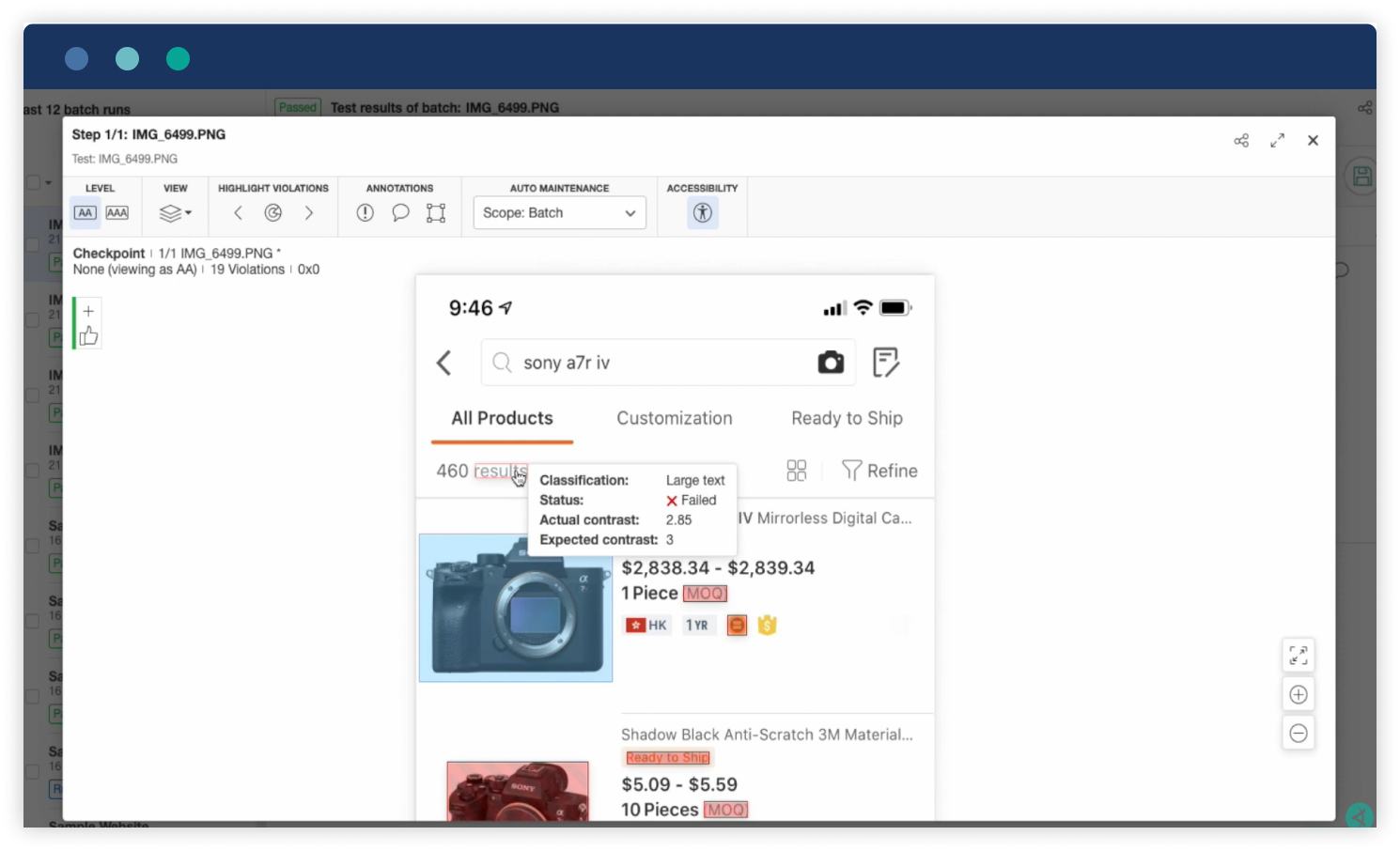 Autonomous screenshot showing accessibility test