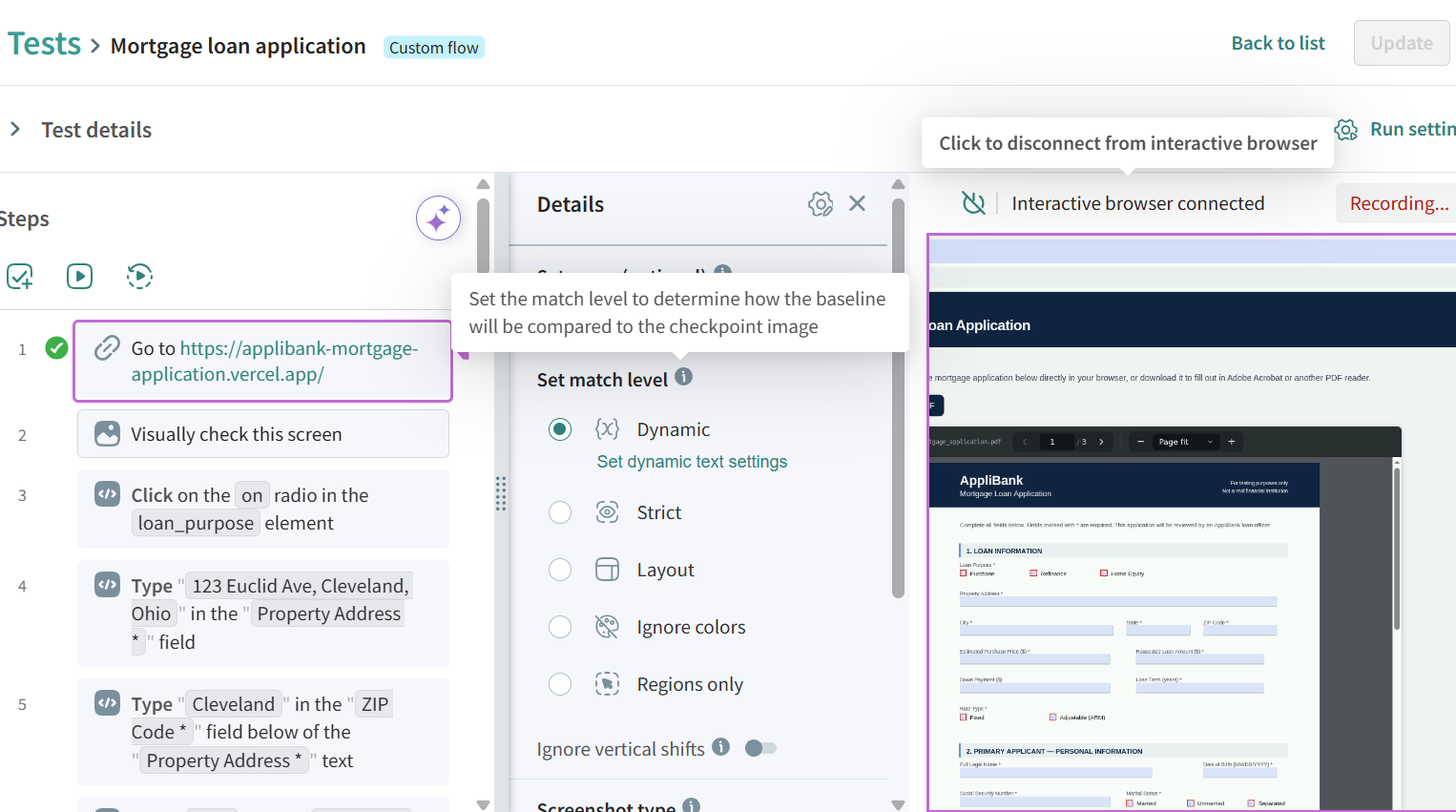 Screenshot of match level options on visual assertions in Autonomous custom flow test